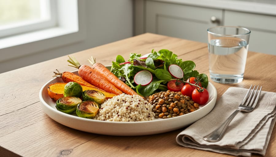 Seasonal plant-forward dinner plate with roasted vegetables and lentils on a wooden table